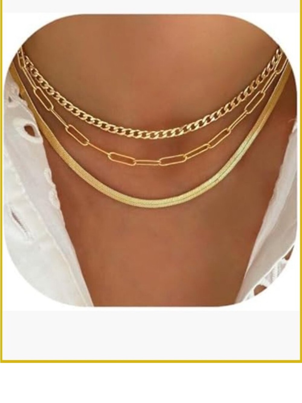 14K Gold Plated Layered Necklace Set 3 Chains Herringbone